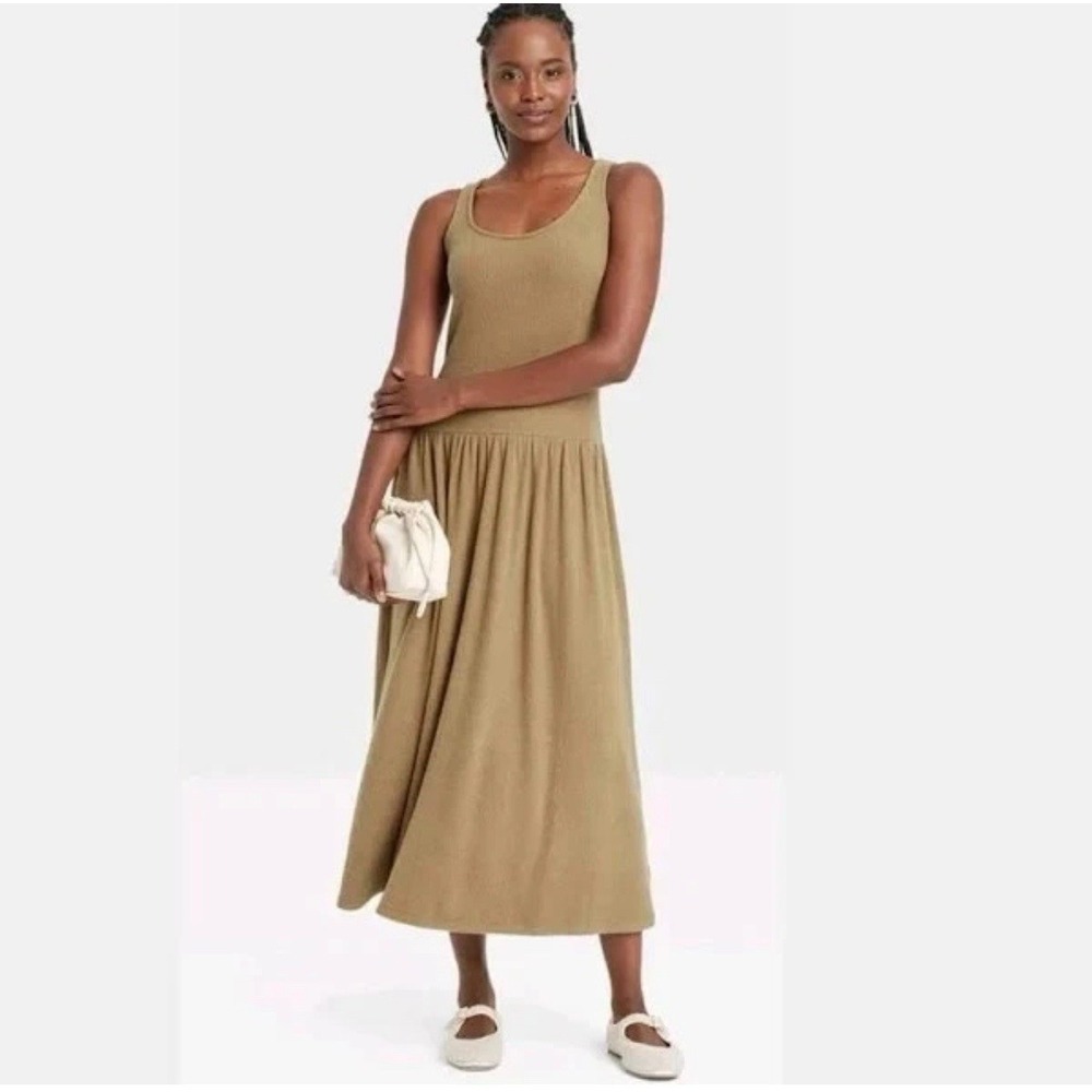 Universal Thread Women's Drop Waist Rib Knit Midi Slip Dress Brown Large New - Picture 1 of 5